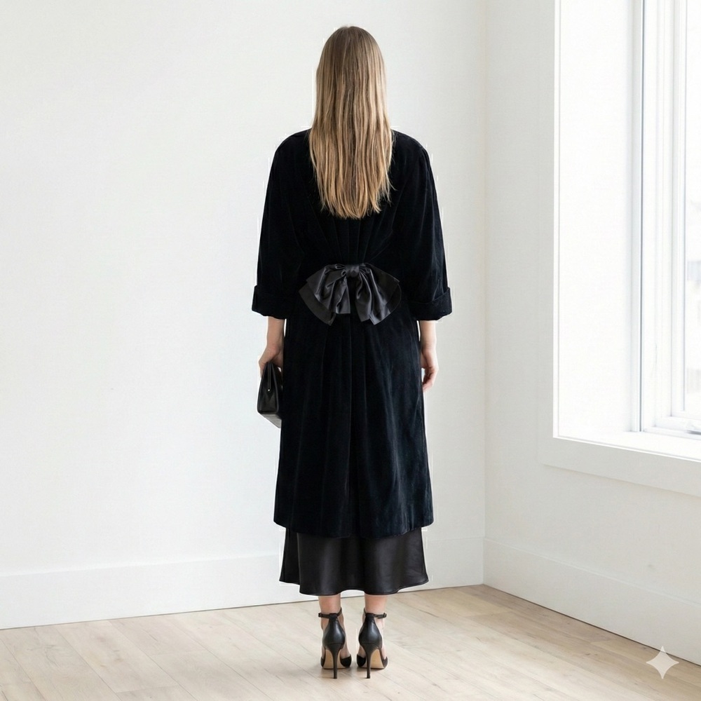 Vintage Dejac Paris 1980s Black Velvet Bow Back Opera Coat - One Size